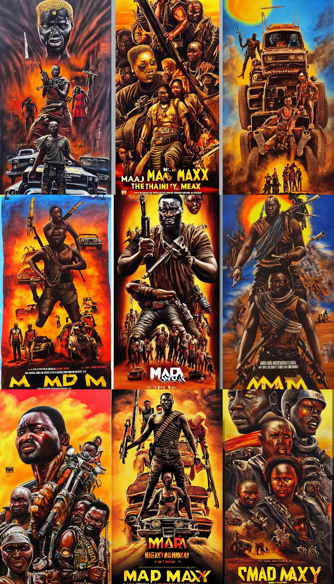 Prompt: oil painted ghana movie poster for mad max by mr. nana agyq and heavy j and farkira and stoger and magasco, painted on canvas, deadly prey gallery