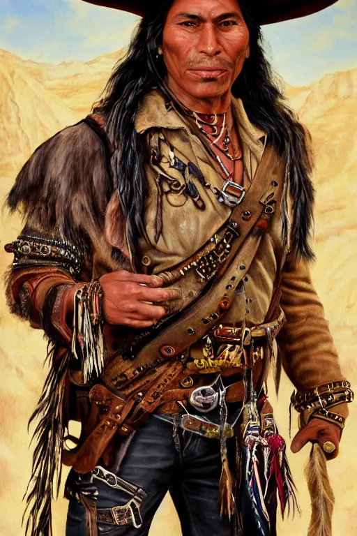 Prompt: fantasy western character portrait of a thin native american indian man in his early 3 0 s, wearing traditional cargo buckskin jacket buckskin tactical toolbelt pockets bandolier full of trinket and baubles, steampunk arcane shaman, deadlands, weird west, by steve henderson, sandra chevrier, alex horley