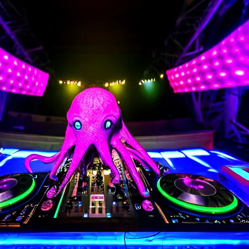 Image similar to award winning photo of an octopus! as a dj with tentacles! simultaneously placed turntables cdjs and knobs of a pioneer dj mixer. sharp, blue and fuschia colorful lighting, in front of a large crowd, studio, medium format, 8 k detail, volumetric lighting, wide angle, at an outdoor psytrance festival main stage at night