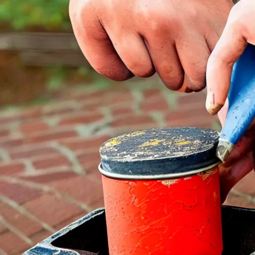 Prompt: dipping a red brick into a tin of yellow paint