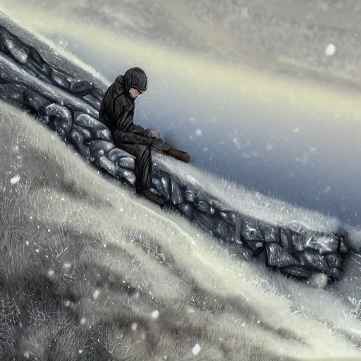 Image similar to a wide shot of a sad sniper laying on a mountain, digital art, acrylic, frost, cold, ice, scared, wind, storm, hiding, gloomy, tired,