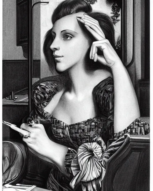 Prompt: drawing lesson, acurate, real, elegant female hand, holding a cigarette with her fingers, elegant up to the elbow, only five fingers, separated, elegant, neat nails, fotorealism, advertisement for a crossover salon, style by Maurits Cornelis Escher, 8k,