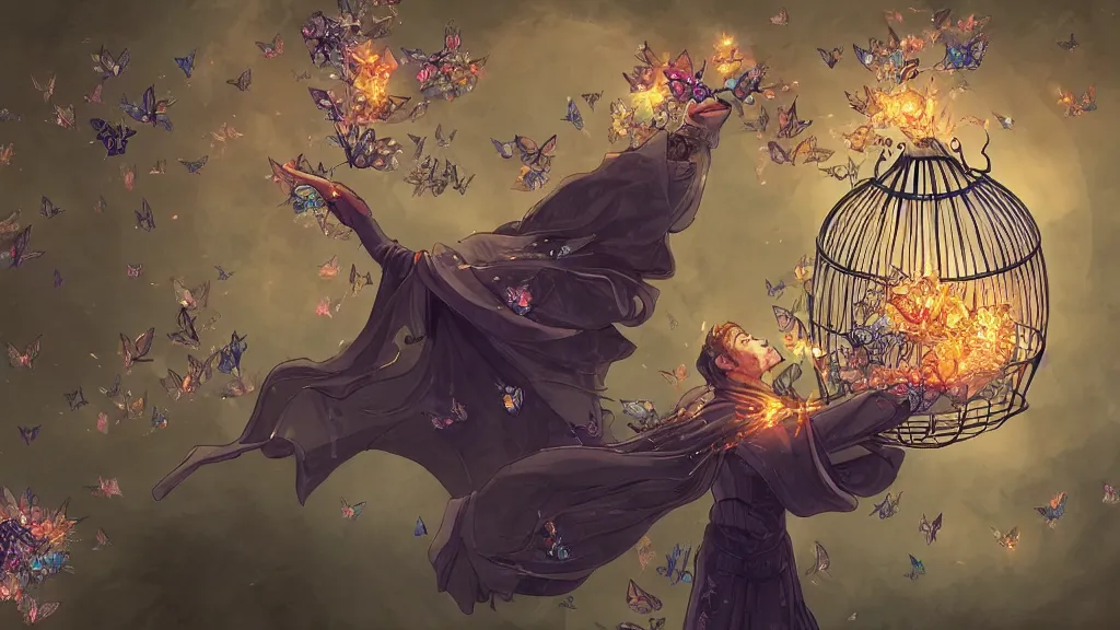 Prompt: wizard holding a cage, with a swarm of butterflies escaping, digital 2d fantasy art