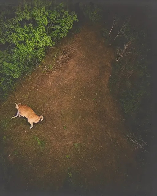 Prompt: cougar in forest at night, shot from drone, grainy, polaroid