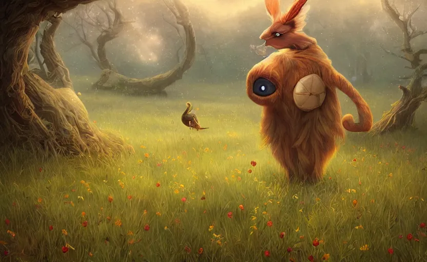 Prompt: A whimsical creature in a field, beautiful, warm dynamic lighting, atmospheric, cinematic, highly detailed digital art, painted by Scott Musgrove