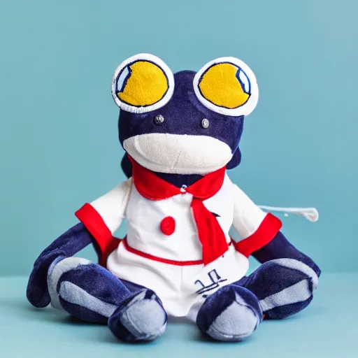 Image similar to stuffed animal frog wearing a sailor suit, plushie photography,