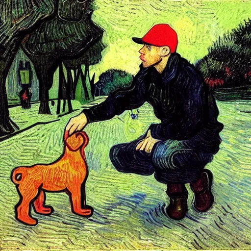 Prompt: Eminem with a dog plays with wooden blocks at Central Park painting by van gogh