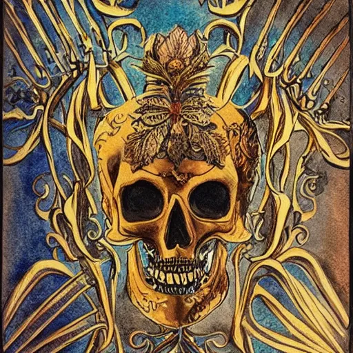 Image similar to Picture of an ornate and extravagant glowing skeleton. Lithograph with watercolor hand colored, gilded trim.