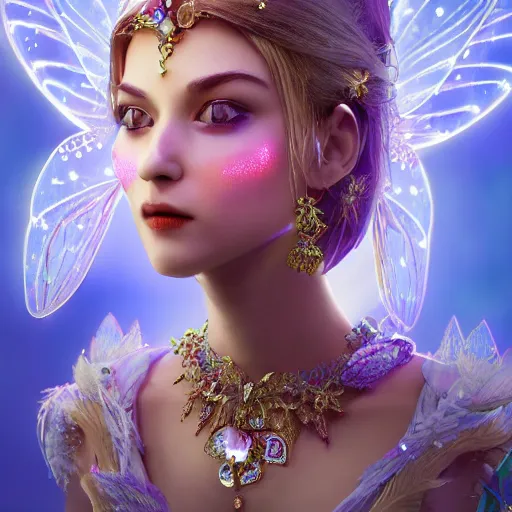 Image similar to portrait of fairy princess, glowing, ornate and intricate jewelry, jaw dropping beauty, glowing background lighting, white accent lighting, hyper detailed, fairy tale, 4 k octane render