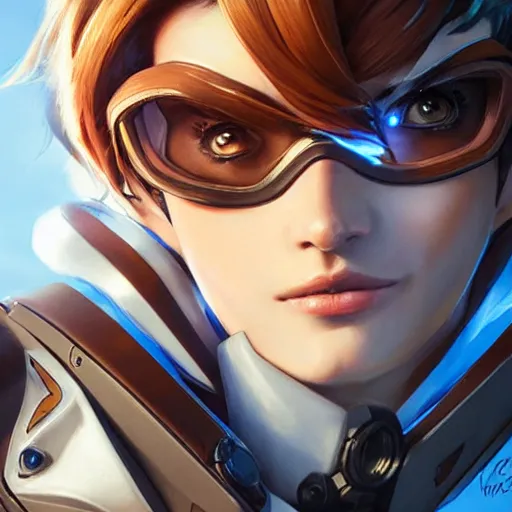 Image similar to tracer overwatch portrait, close up, concept art, intricate details, highly detailed photorealistic portrait by michael komarck, joel torres, seseon yoon, artgerm and warren louw