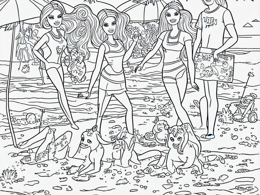 Image similar to coloring book page of Barbie and Skipper playing at the beach