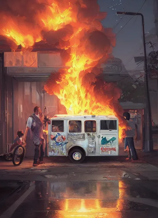 Image similar to highly detailed image of an ice cream truck on fire, in gta v, stephen bliss, unreal engine, fantasy art by greg rutkowski, loish, rhads, ferdinand knab, makoto shinkai and lois van baarle, ilya kuvshinov, rossdraws, tom bagshaw, global illumination, radiant light, detailed and intricate environment