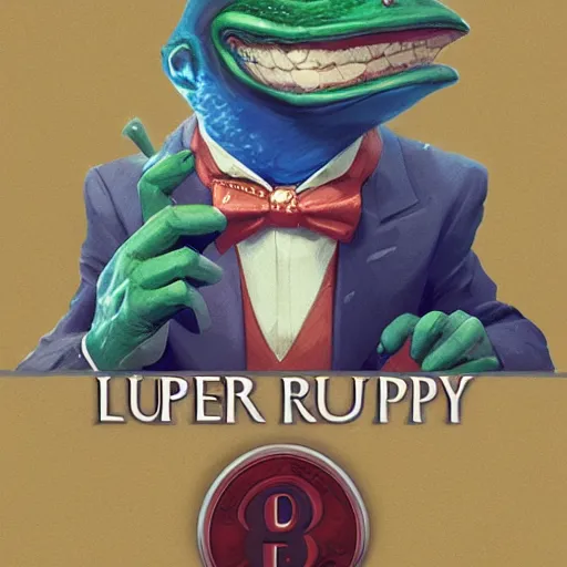 Image similar to super rich happy pepe, luxury, treasury, coins, money, hyper detalied, blue crystals, greg rutkowski, artstation