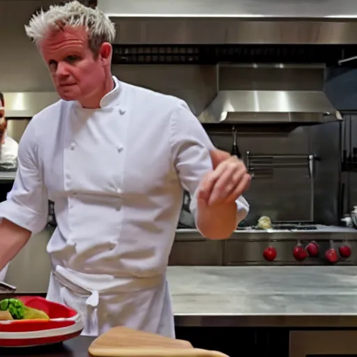 Image similar to hyper real Gordon Ramsey cooking a unicorn in kitchen 4k