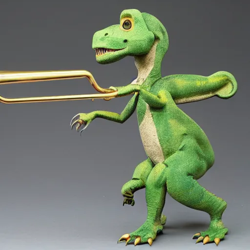 Image similar to a dinosaur with trombones for arms and horns