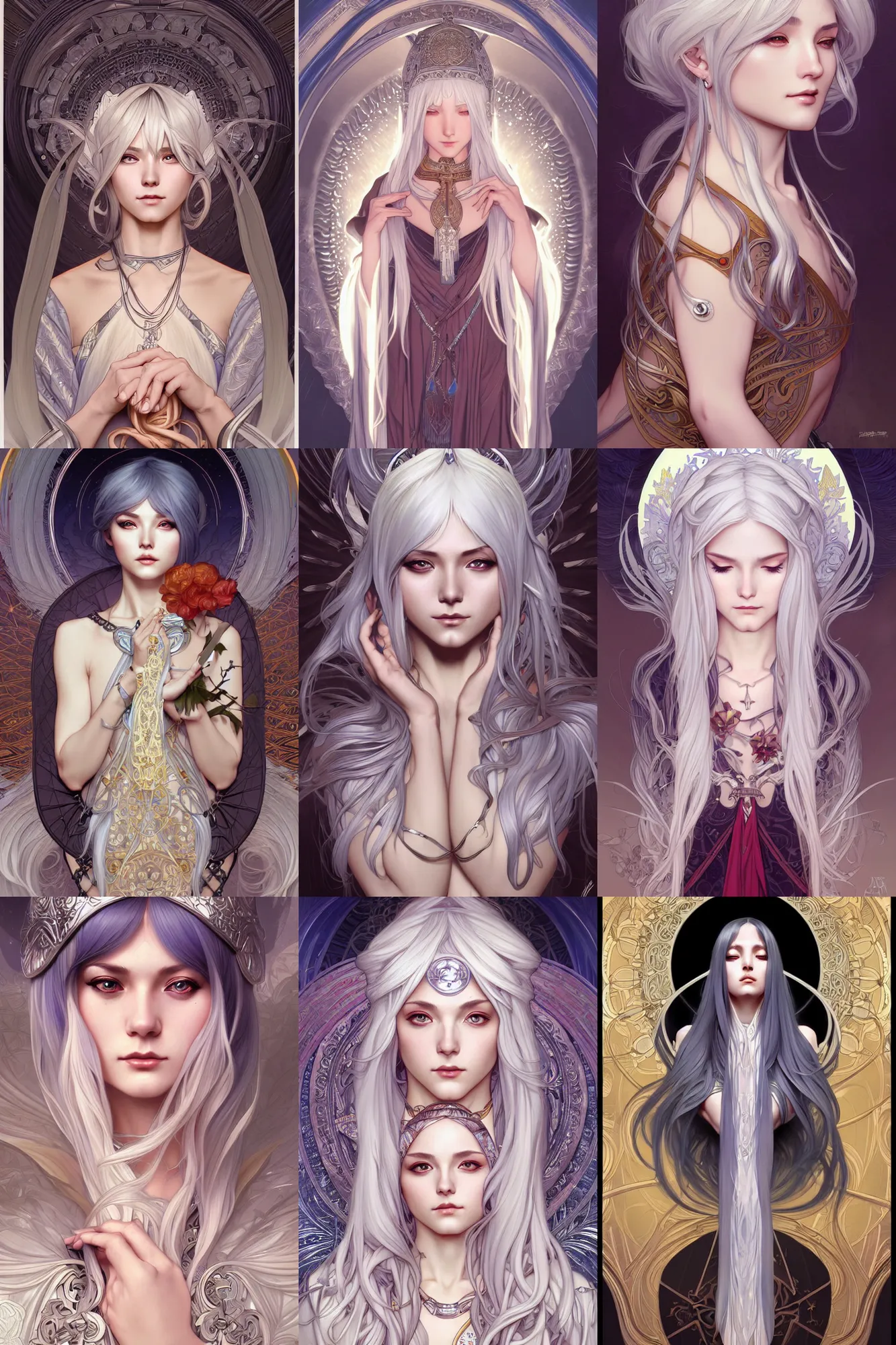 Image similar to A beautiful priestess with silver hair, highly detailed, digital painting, smooth, sharp focus, illustration, art by artgerm and alphonse mucha, high definition digital art, in the style of Ross tran and ilya kuvshinov