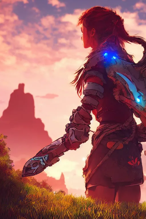 Image similar to combination suit armor aloy horizon forbidden west horizon zero dawn radiating a glowing aura global illumination ray tracing hdr fanart arstation by ian pesty and alena aenami artworks in 4 k tribal robot ninja mask helmet backpack