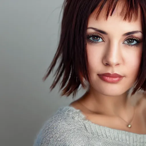 Image similar to beautiful woman with short blue hair, big brown eyes, wearing a brown sweater