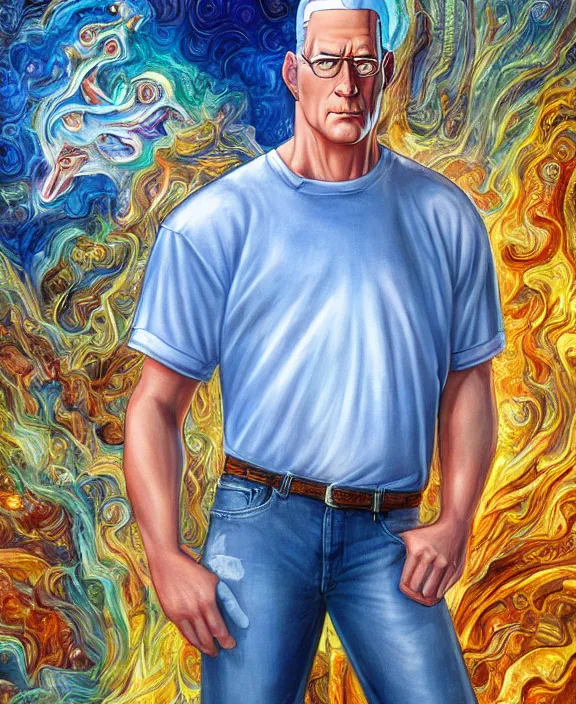 Image similar to hank hill wearing bluejeans and white tshirt, the god of propane, blue flames, magic realism, art by mike judge, art by josephine wall, art by huang guangjian, art by viktoria gavrilenko, art by amanda sage, trending on artstation