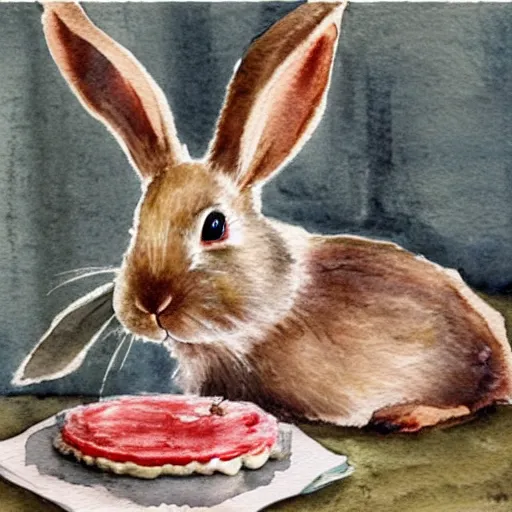 Image similar to a rabbit putting a cake into the oven in a beautiful french rustic kitchen, realistic watercolour