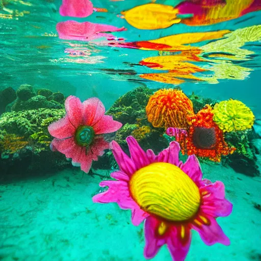 Prompt: colorful flowers float underwater