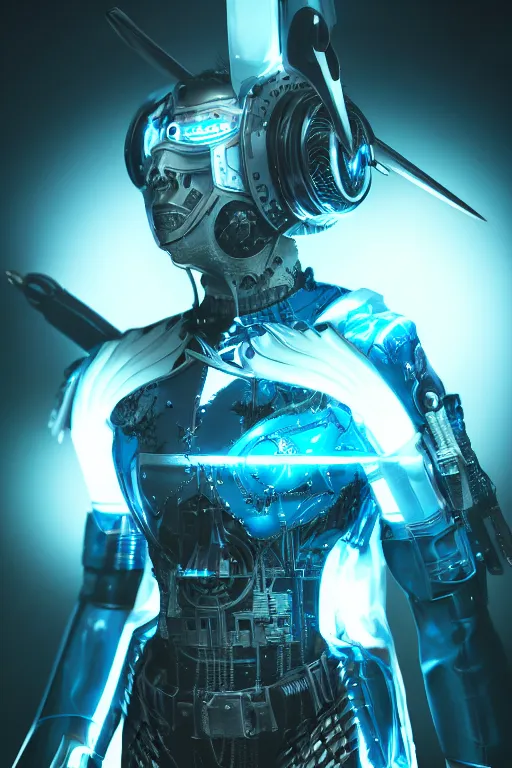 Image similar to Incredibly cyberpunk knight by Ash Thorp and Artgerm, blue LED lights, extremely proportionate face, sharp focus, hyper detailed, octane render, biomechanical, volumetric lighting