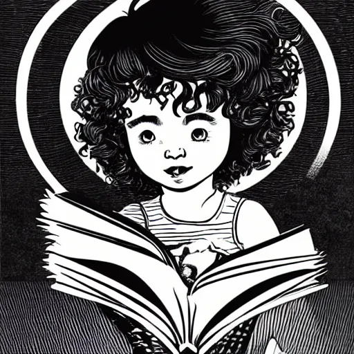 Image similar to clean simple line art of a little girl with wavy curly hair reading a book. white background. well composed, clean black and white line drawing, beautiful detailed face. illustration by josan gonzalez and steve ditko and greg rutkowski