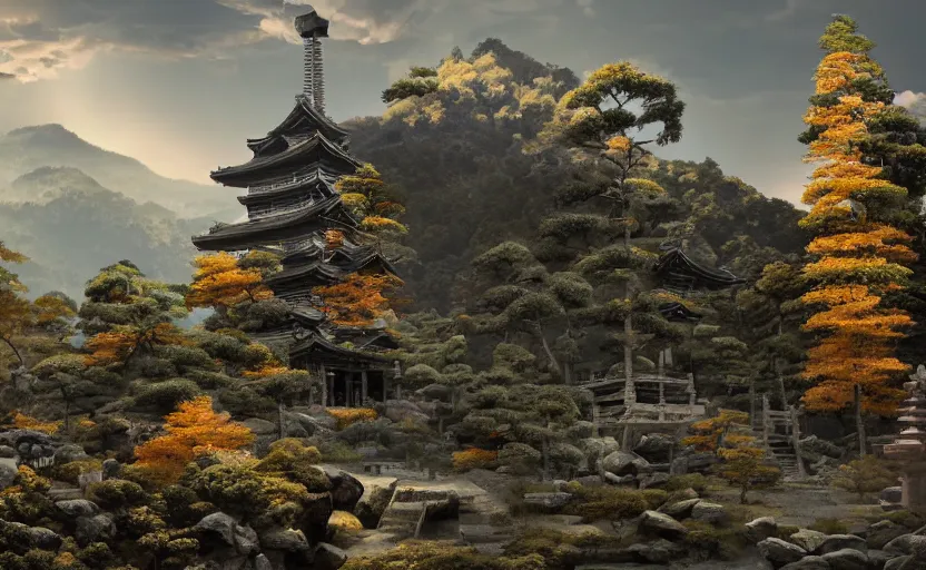 Prompt: highly detailed painting of old, ruined, fractured japanese pagoda from sengoku period, surrounded by dense rock formations, high in mountains, cinematic lighting, photobash, unreal engine render, nanite, raytracing, volumetric lighting