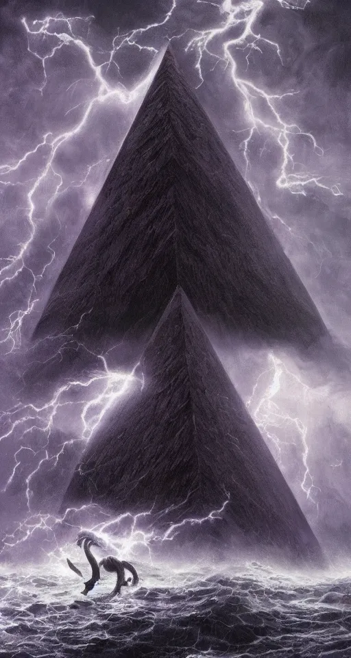 Image similar to black lovecraftian eldritch!! obsidian pyramid!! on a snowy island surrounded by raging stormy seas, purple light, with a large shadow of a creature in the background by eugene von guerard, ivan shishkin, night, red lightning!!, storm!, dramatic lighting, concept art, trending on artstation, 8 k