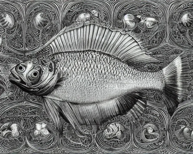 Image similar to hyperrealistic image of a beautiful fish, intricate ornamental gothic designs, heavily decorated, art by ernst haeckel, james jean,