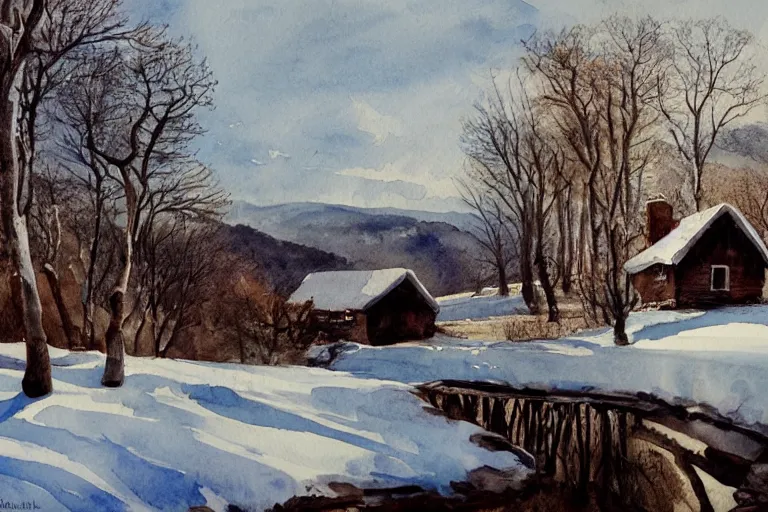 Prompt: watercolor painting of cabin at rocky hill, reflective, stone walls, winter, sunlight, morning, ambient lighting, art by hans gude, art by hans dahl
