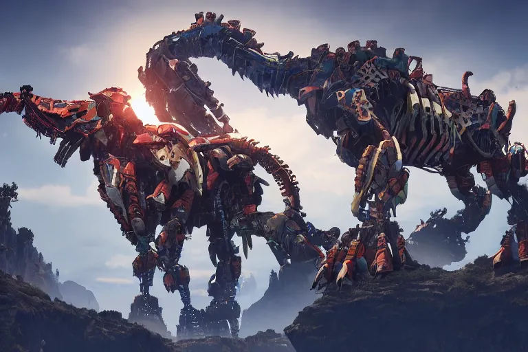 Image similar to grimhorn fanghorn machine mecha animal beast robot of horizon forbidden west horizon zero dawn bioluminiscence global illumination ray tracing hdr fanart arstation by sung choi and eric pfeiffer and gabriel garza and casper konefal