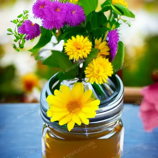 Prompt: flowers in a jar of honey