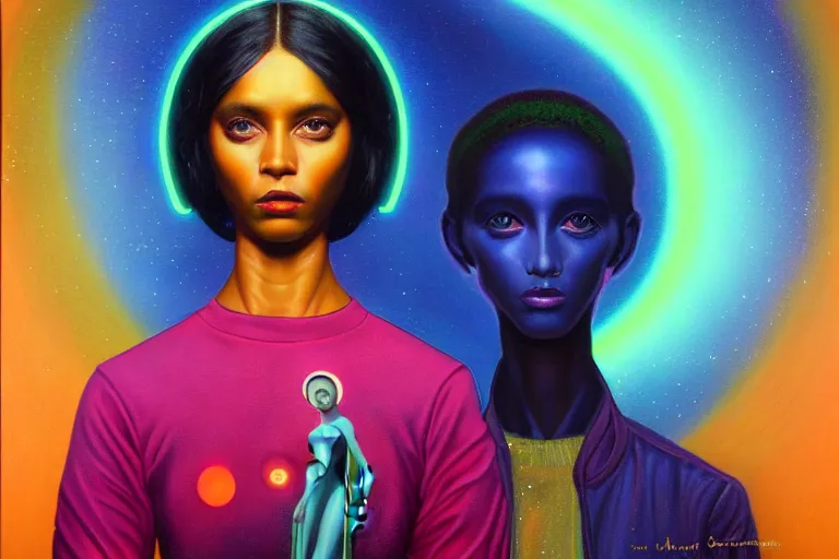 Prompt: patron saint of 🛸🌈👩🏾, futuristic clothing, neon god of city character portrait, in the style of margaret keane, moebius, tom bagshaw, and waterhouse, cinematic lighting, beautiful, elegant, oil painting,