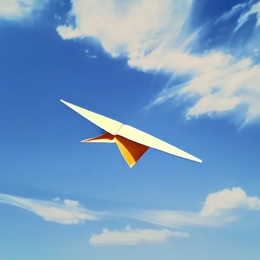 Prompt: paper plane made of origami flying, blue sky with clouds in the background. photorealistic.