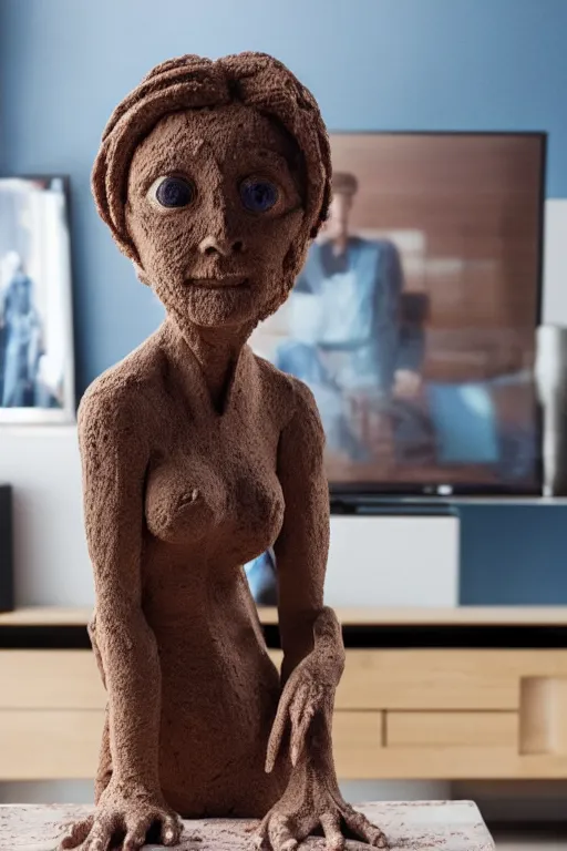 Prompt: A clay monster is standing in front of TV and making a head by copying female model's appearance in the TV screen which shows her standing image, highly detailed,