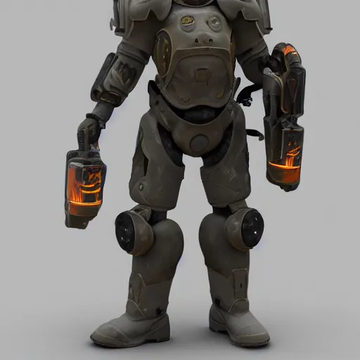 Image similar to a soldier wearing a full set of hellfire advanced power armor and holding a flamethrower, 3 d render, octane, ray tracing, ultra detailed, photorealistic, high resolution, 8 k