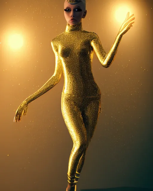 Prompt: pearl skinned dancer, golden droplets on her face, chessboard pattern clothes, full body picture, crystal eyes, perfect face, atmosphere, glowing, radiant, dancing in the mud, cinematic lighting, high quality, perfect, 8 k high detail, masterpiece, trending on artstation, by ken wong