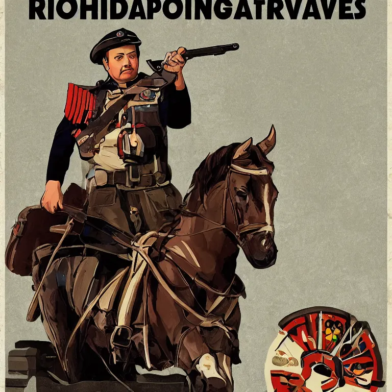 Image similar to propaganda poster rich evans holding a gun riding a chariot, 8 k, tredning on artstation