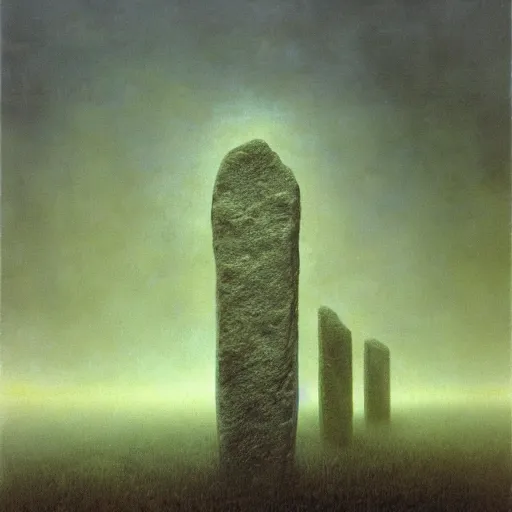 Prompt: arm reaching out of thick fog, 9 stelae floating across the sky, zdzislaw beksinski