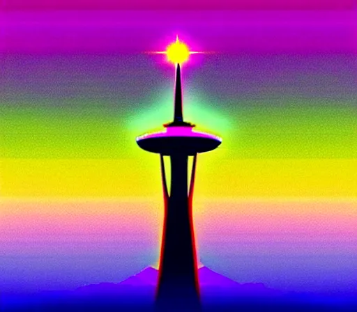 Image similar to a beautiful and immaculate balanced vaporwave ombre scene depicting outrun style seattle and the space needle