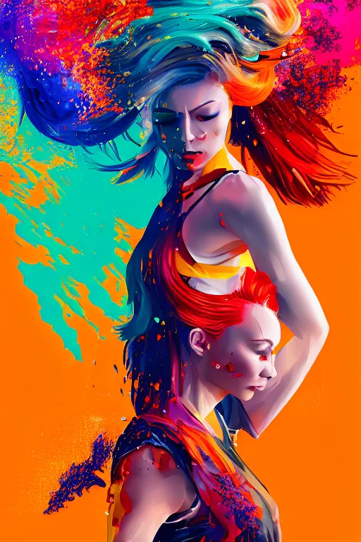 Image similar to a award winning half body portrait of a beautiful woman in a croptop and cargo pants with ombre red orange yellow hairstyle with head in motion and hair flying, paint splashes, splatter, outrun, vaporware, shaded flat illustration, digital art, trending on artstation, highly detailed, fine detail, intricate
