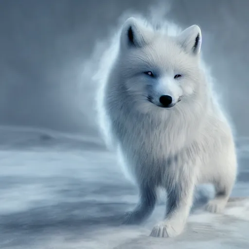 Image similar to A mythical polar fox made of ice crystalst:: hyper realistic, octane render, cinematic, dramatic lighting shadows, detailed illustration, 8k, intricate details