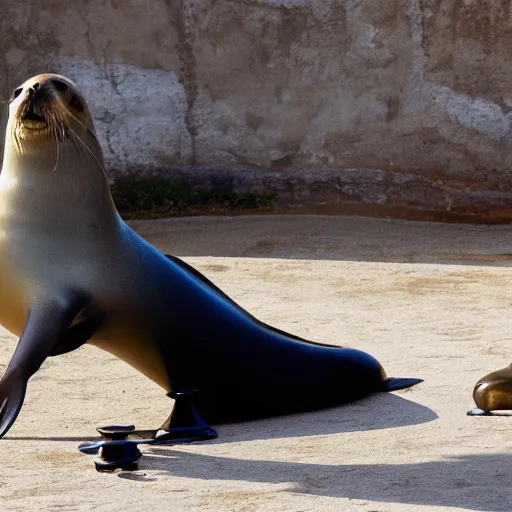 Image similar to photo of a sea lion playing chess with a stand fan, award-winning photograph, national geographic, 8k