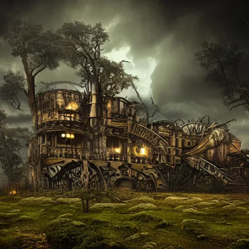 Prompt: steampunk, horror, haunting, deep in a mechanical forest, approaching sinister thunderstorm on horizon, photorealism, hyperrealism, ultra detailed, 4 k, wide angle, dramatic lighting, lightning in distance, pov, cinematic atmosphere,