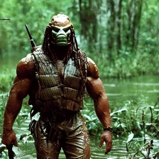 Image similar to film still of predator looking for his prey and john cena as major dutch, covered in mud and hiding from him in swamp scene in 1 9 8 7 movie predator, hd, 4 k