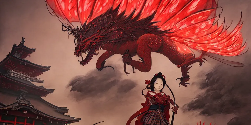 Image similar to Stunning Portrait of A Red dragon flying above a Feudal Japan temple, during a fire works festival at night by Kim Jung Gi, Blizzard Concept Art Studio Ghibli. oil paint. 4k. by brom, Pixiv cute anime girl wearing police gear by Ross Tran, Greg Rutkowski, Mark Arian, soft render, octane, highly detailed painting, artstation