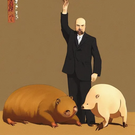 Prompt: an epic painting of vladimir lenin petting capybara, oil on canvas, anime style, ghibli studio, animation film, perfect composition, golden ratio, beautiful detailed, photorealistic, digital painting, concept art, smooth, sharp focus, illustration