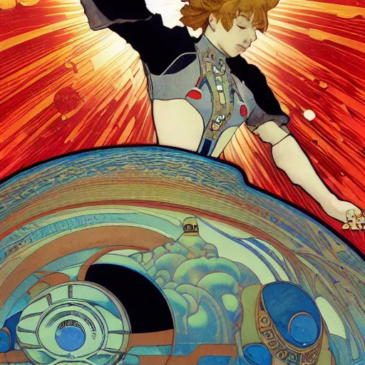 Prompt: floating on a river in space, last exile, yoshitoshi abe, alphonse mucha, loish, murata range, gustav klimt, synthwave, cosmic,red white and black color scheme, orange highlights, studio lighting, manga, anime, vibrant, beautiful, dreamy, ghibli, gradation, ((space nebula background))