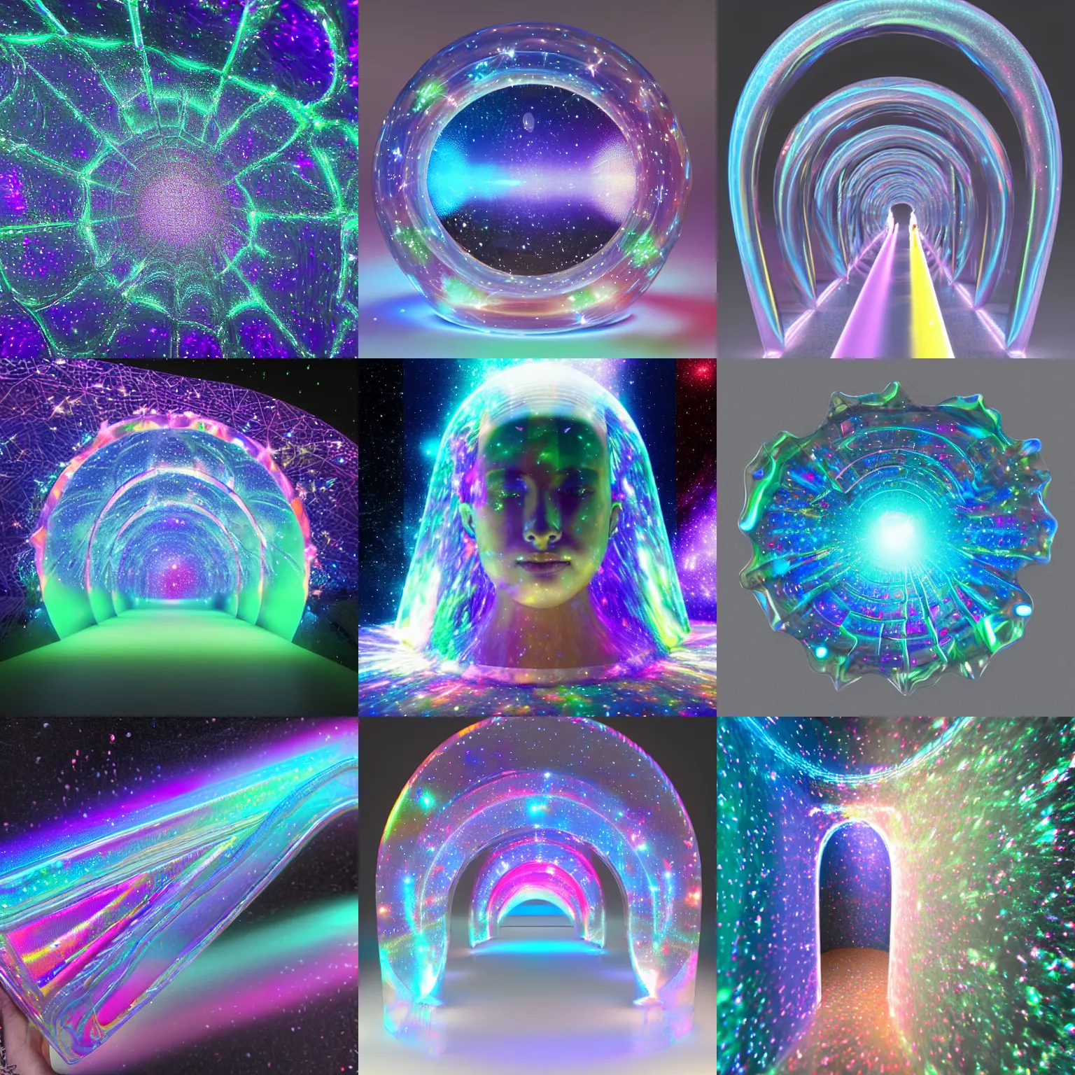 Prompt: holographic transparent futuristic galaxy sculpture of celestial tunnel, transparent celestial light gels, vibrant! acrylic glass, crinkled! correction gel, colored film, face, glowing stars, glinting, glittering, cyan, white, ultra realistic, photorealistic, 3 d render, unreal engine, octane render, sharp, studio